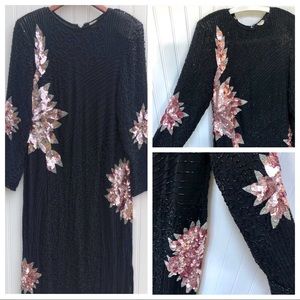 Vintage Long 100% Silk Sequin Beaded Silk Dress